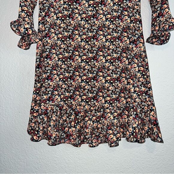 Top Shop Womens Floral V-Neck Long Sleeve Ruffle Mini A-Line Dress Black Size 8 - Picture 4 of 11